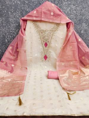 Pink silk  embroidered unstitched dressmaterials 3 pair top bottom dupptaa 4