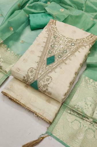 Sky silk embroidered unstitched dressmaterials 3 pair top bottom dupptaa