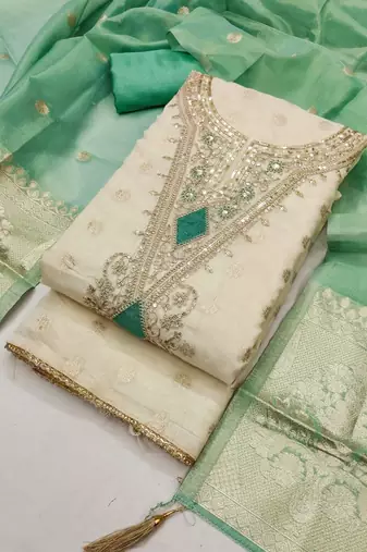 Sky silk embroidered unstitched dressmaterials 3 pair top bottom dupptaa