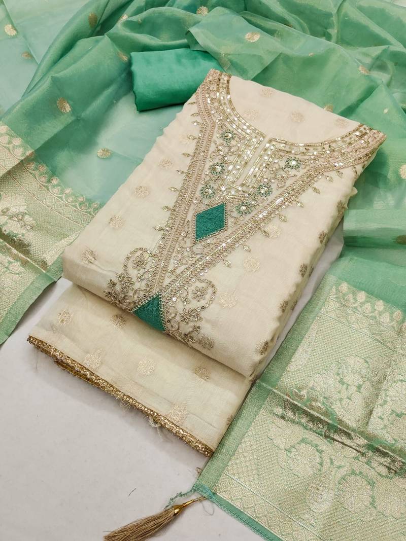 Sky silk embroidered unstitched dressmaterials 3 pair top bottom dupptaa