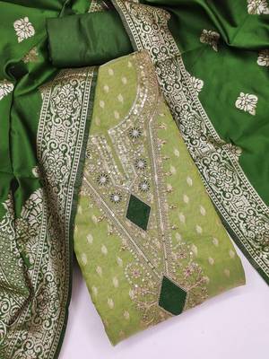 Green silk  embroidered unstitched dressmaterials 3 pair top bottom dupptaa 1