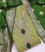 Green silk  embroidered unstitched dressmaterials 3 pair top bottom dupptaa
