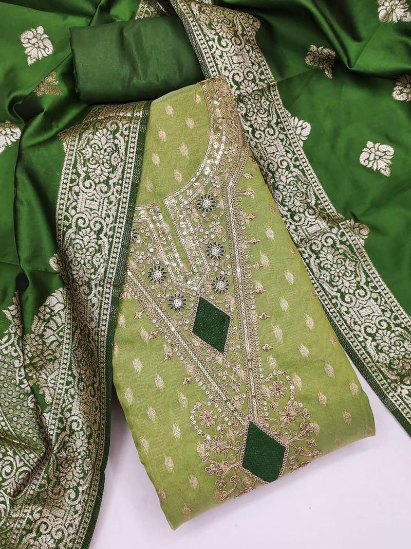Green silk  embroidered unstitched dressmaterials 3 pair top bottom dupptaa