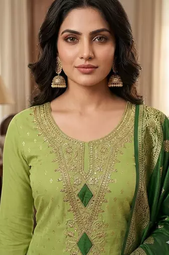 Green silk  embroidered unstitched dressmaterials 3 pair top bottom dupptaa