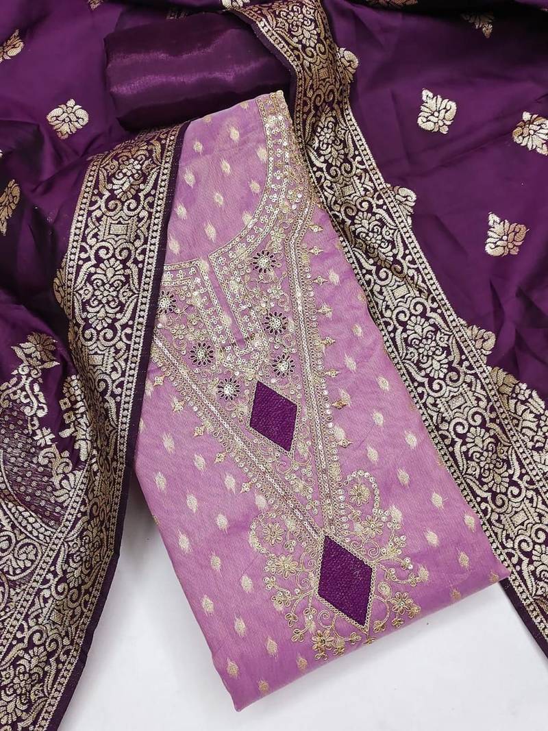 Lavender silk embroidered unstitched dressmaterials 3 pair top bottom dupptaa
