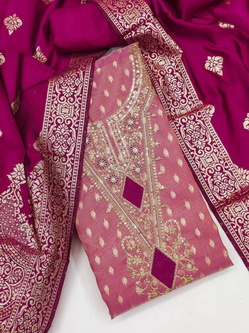 Pink silk  embroidered unstitched dressmaterials 3 pair top bottom dupptaa