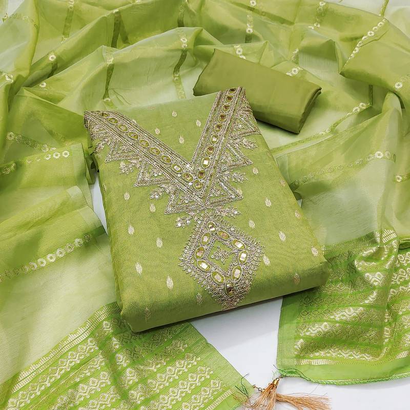 Green silk  embroidered unstitched dressmaterials 3 pair top bottom dupptaa