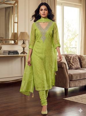 Green silk  embroidered unstitched dressmaterials 3 pair top bottom dupptaa 2