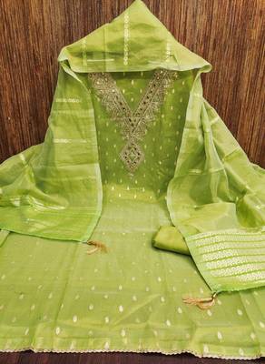 Green silk  embroidered unstitched dressmaterials 3 pair top bottom dupptaa 4