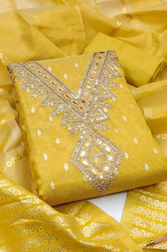 yellow silk blend embroidered unstitched dressmaterials 3 pair top bottom dupptaa