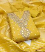 Yellow silk embroidered unstitched dressmaterials 3 pair top bottom dupptaa