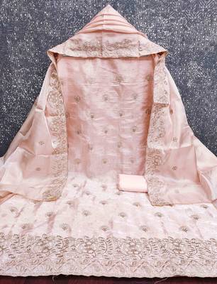 Peach silk embroidered unstitched dressmaterials 3 pair top bottom dupptaa 2