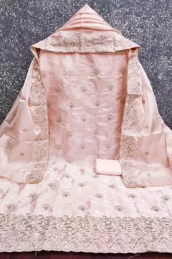 Peach silk embroidered unstitched dressmaterials 3 pair top bottom dupptaa