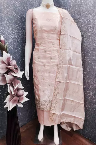 Peach silk embroidered unstitched dressmaterials 3 pair top bottom dupptaa