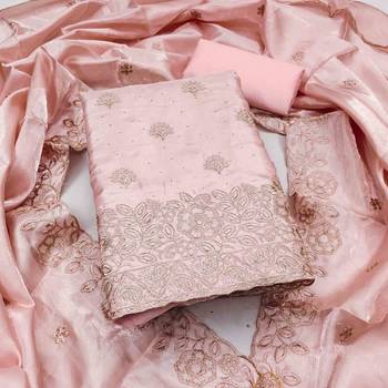 Peach silk embroidered unstitched dressmaterials 3 pair top bottom dupptaa 4
