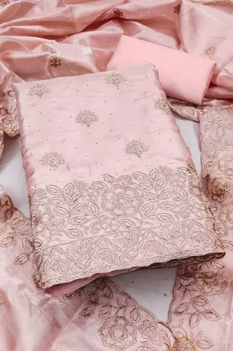 Peach silk embroidered unstitched dressmaterials 3 pair top bottom dupptaa