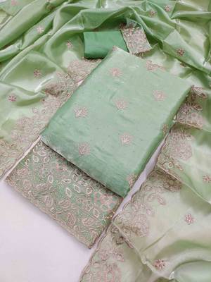 Green silk  embroidered unstitched dressmaterials 3 pair top bottom dupptaa 1