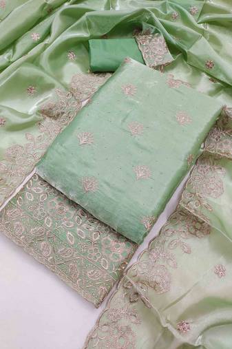 Green silk  embroidered unstitched dressmaterials 3 pair top bottom dupptaa