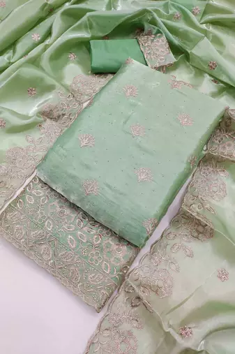 Green silk  embroidered unstitched dressmaterials 3 pair top bottom dupptaa