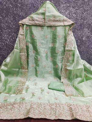 Green silk  embroidered unstitched dressmaterials 3 pair top bottom dupptaa 2