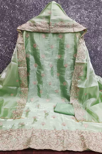 Green silk  embroidered unstitched dressmaterials 3 pair top bottom dupptaa