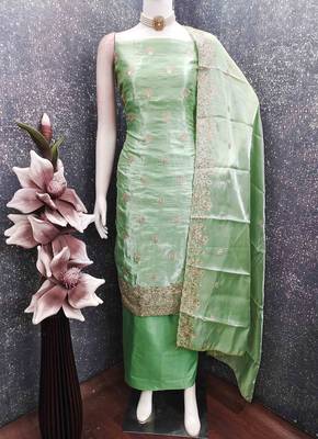 Green silk  embroidered unstitched dressmaterials 3 pair top bottom dupptaa 3