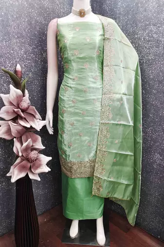 Green silk  embroidered unstitched dressmaterials 3 pair top bottom dupptaa