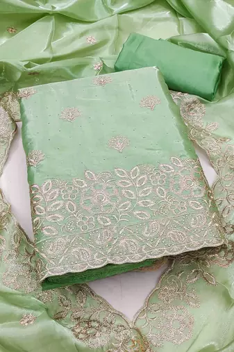 Green silk  embroidered unstitched dressmaterials 3 pair top bottom dupptaa