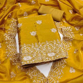 Mustard silk embroidered unstitched dressmaterials 3 pair top bottom dupptaa 1