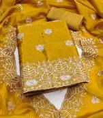 Mustard silk embroidered unstitched dressmaterials 3 pair top bottom dupptaa