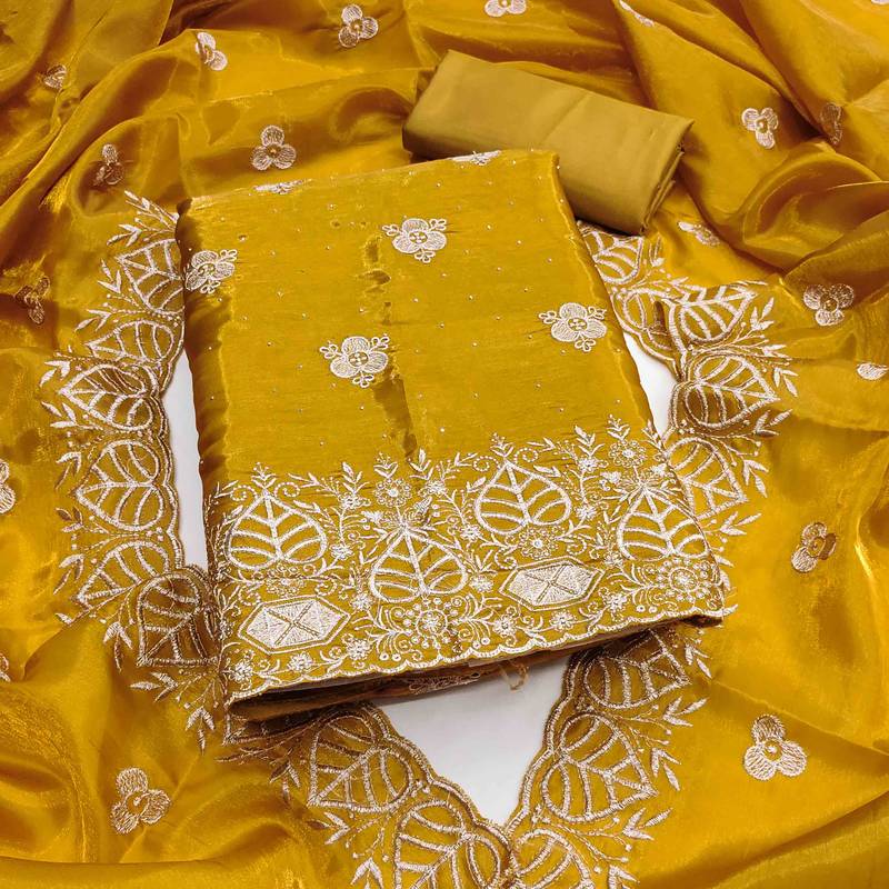 Mustard silk embroidered unstitched dressmaterials 3 pair top bottom dupptaa