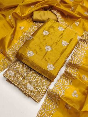 Mustard silk embroidered unstitched dressmaterials 3 pair top bottom dupptaa 2