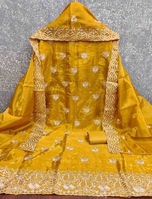 Mustard silk embroidered unstitched dressmaterials 3 pair top bottom dupptaa 3