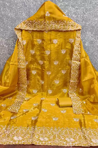 Mustard silk embroidered unstitched dressmaterials 3 pair top bottom dupptaa