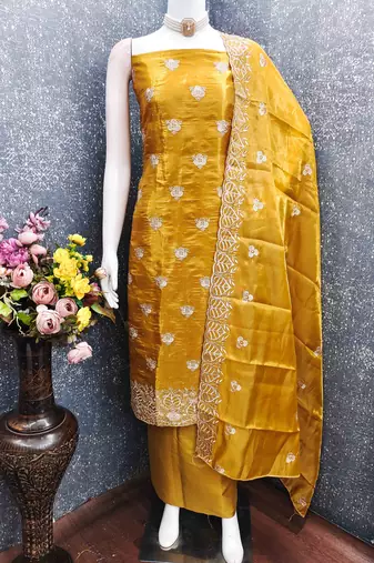 Mustard silk embroidered unstitched dressmaterials 3 pair top bottom dupptaa