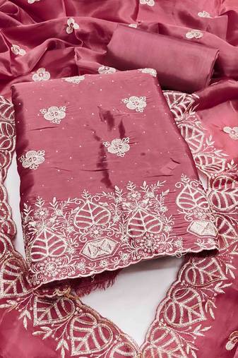 Purple silk  embroidered unstitched dressmaterials 3 pair top bottom dupptaa