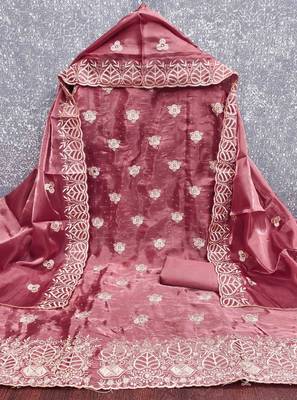 Purple silk  embroidered unstitched dressmaterials 3 pair top bottom dupptaa 4