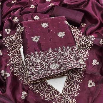 Wine silk embroidered unstitched dressmaterials 3 pair top bottom dupptaa 1