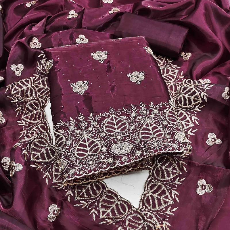 Wine silk embroidered unstitched dressmaterials 3 pair top bottom dupptaa