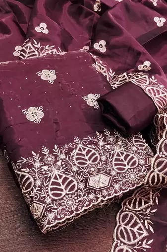 Wine silk embroidered unstitched dressmaterials 3 pair top bottom dupptaa