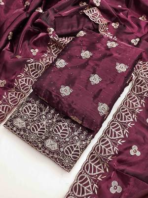 Wine silk embroidered unstitched dressmaterials 3 pair top bottom dupptaa 3
