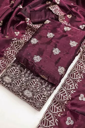 Wine silk embroidered unstitched dressmaterials 3 pair top bottom dupptaa