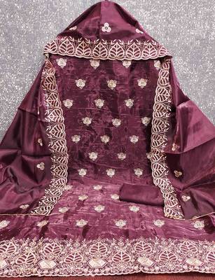 Wine silk embroidered unstitched dressmaterials 3 pair top bottom dupptaa 4