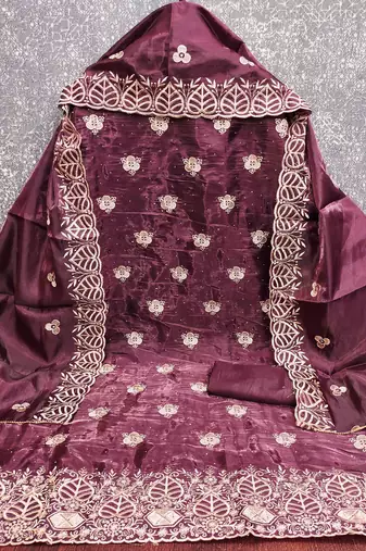 Wine silk embroidered unstitched dressmaterials 3 pair top bottom dupptaa