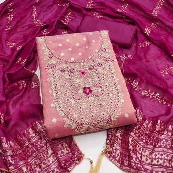 Pink silk  embroidered unstitched dressmaterials 3 pair top bottom dupptaa 1
