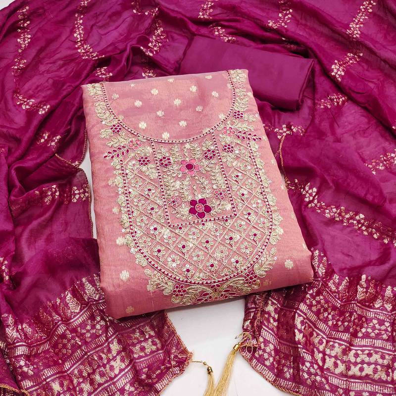 Pink silk  embroidered unstitched dressmaterials 3 pair top bottom dupptaa