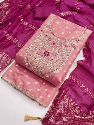 Pink silk  embroidered unstitched dressmaterials 3 pair top bottom dupptaa 2