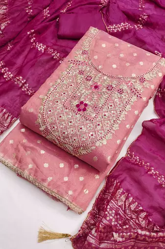 Pink silk  embroidered unstitched dressmaterials 3 pair top bottom dupptaa