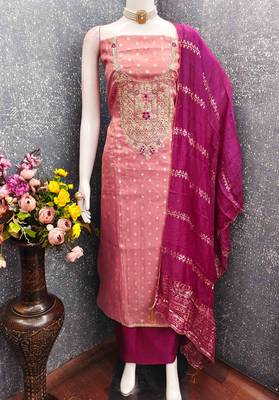 Pink silk  embroidered unstitched dressmaterials 3 pair top bottom dupptaa 3