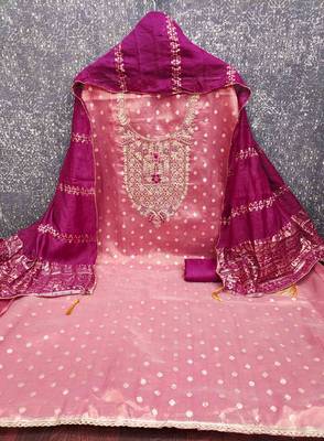 Pink silk  embroidered unstitched dressmaterials 3 pair top bottom dupptaa 4